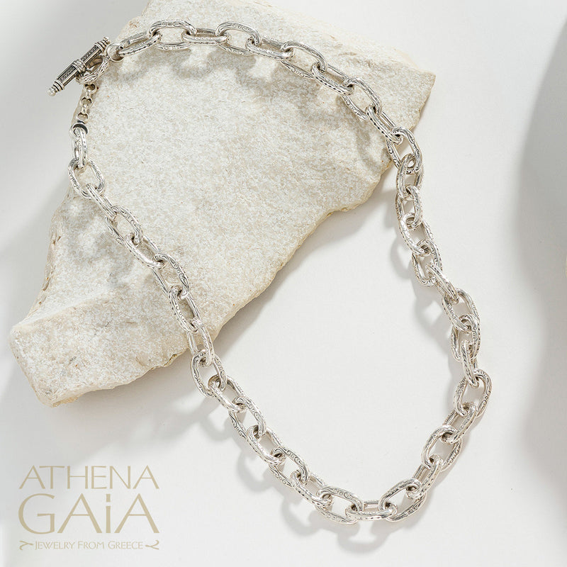 Oval Link Etched Necklace - Sterling Silver - Link Necklace