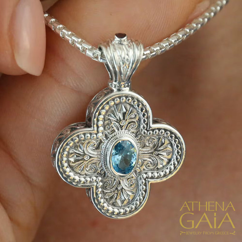 Rounded Greek Cross - Sterling Silver with Center Stone - Orthodox Cross Necklace