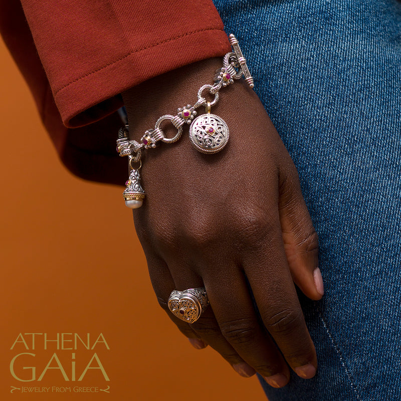 The Santorini 3-Charm Bracelet - 18k Gold and Sterling Silver - Ruby Charm Bracelet