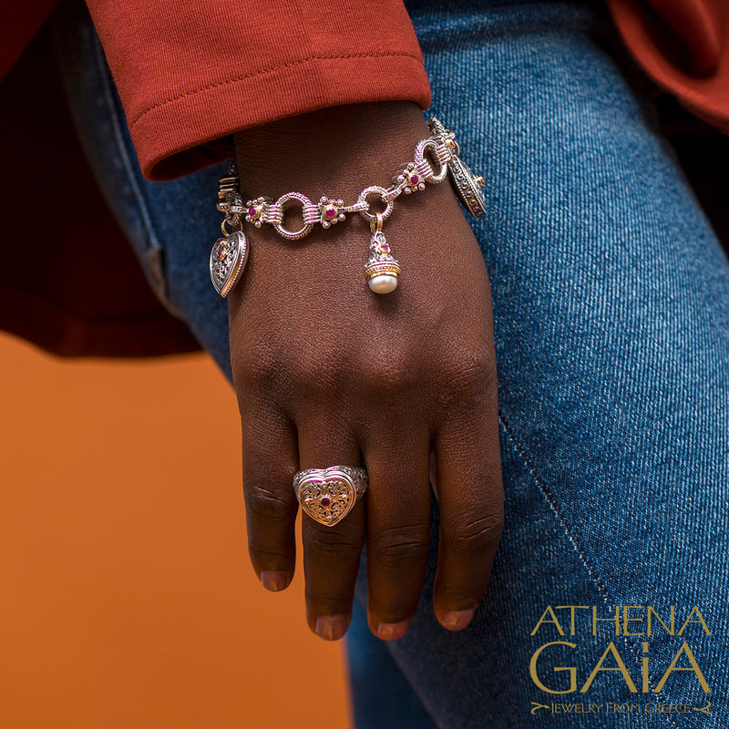 The Santorini 3-Charm Bracelet - 18k Gold and Sterling Silver - Ruby Charm Bracelet