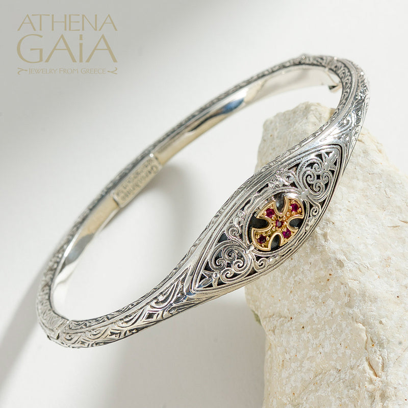 Faidra Cross Bracelet with Gemstones - 18k Gold & Sterling Silver - Hinged Bracelet