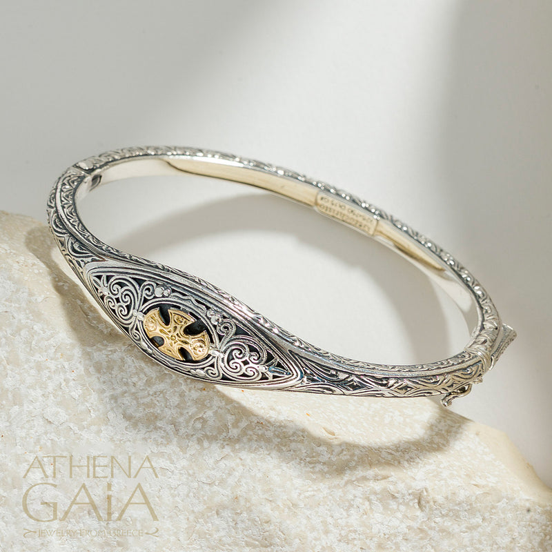 Faidra Cross Bracelet - 18k Gold & Sterling Silver - Hinged Bracelet