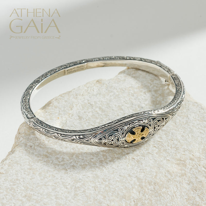 Faidra Cross Bracelet - 18k Gold & Sterling Silver - Hinged Bracelet