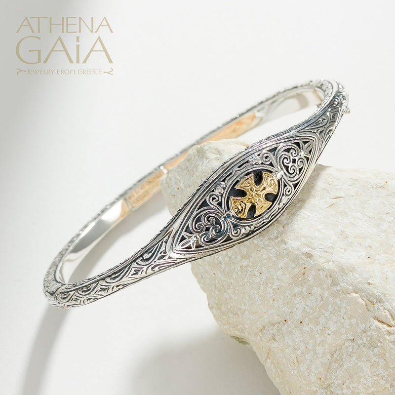 Faidra Cross Bracelet - 18k Gold & Sterling Silver - Hinged Bracelet