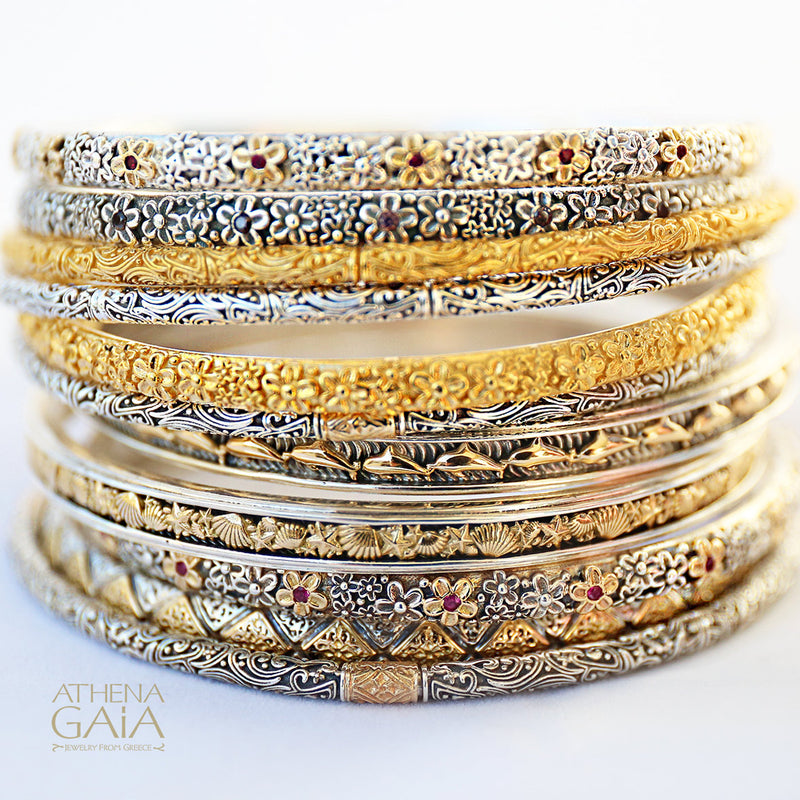 Wild Flowers Stone Bangle Bracelet – 18k Gold & Sterling Silver - Stackable Bangle