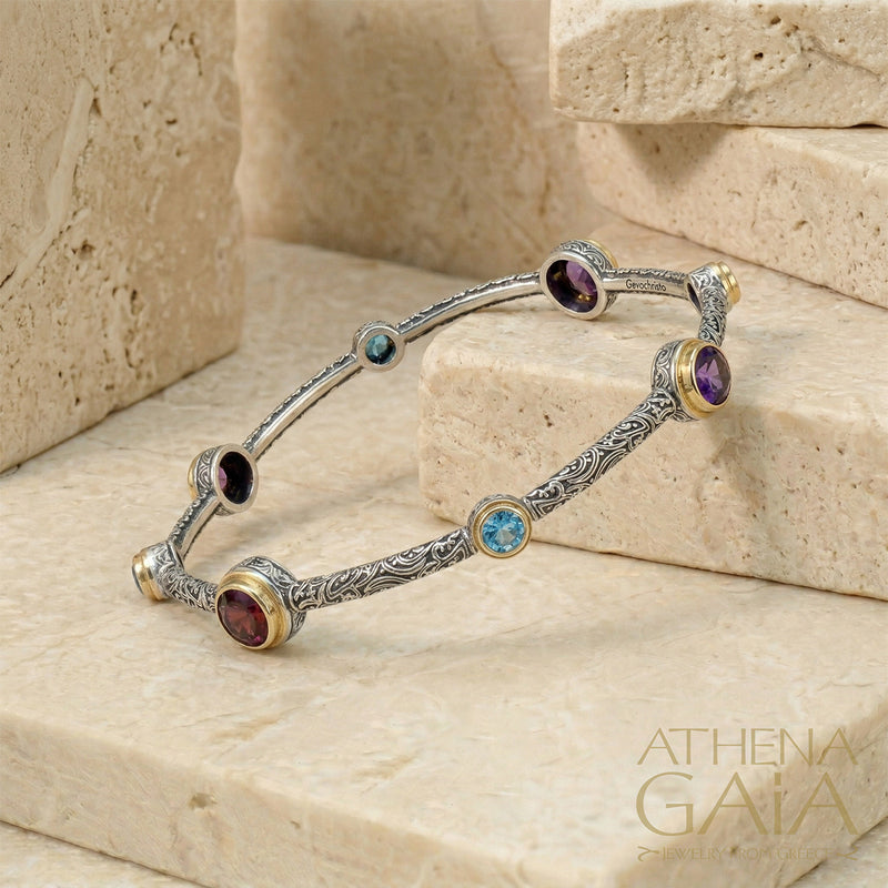 Meadow Breeze 8 Stone Bracelet - 18k Gold & Sterling Silver - Bangle Bracelet