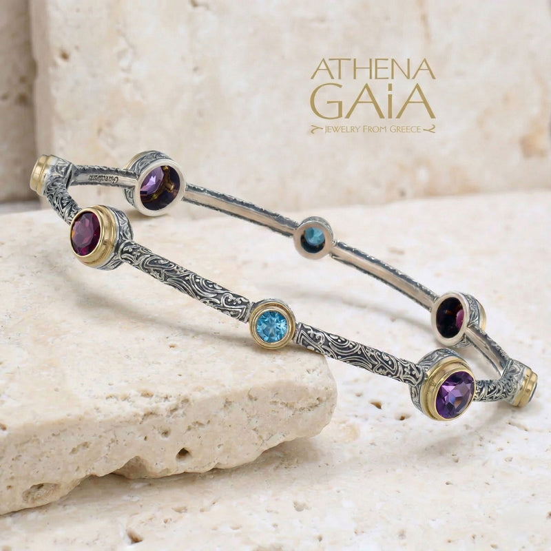 Meadow Breeze 8 Stone Bracelet - 18k Gold & Sterling Silver - Bangle Bracelet