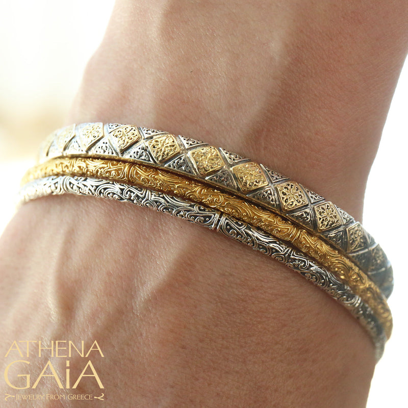 Byzantine Checker Bracelet - 18k Gold and Sterling Silver - Hinged Bangle Bracelet