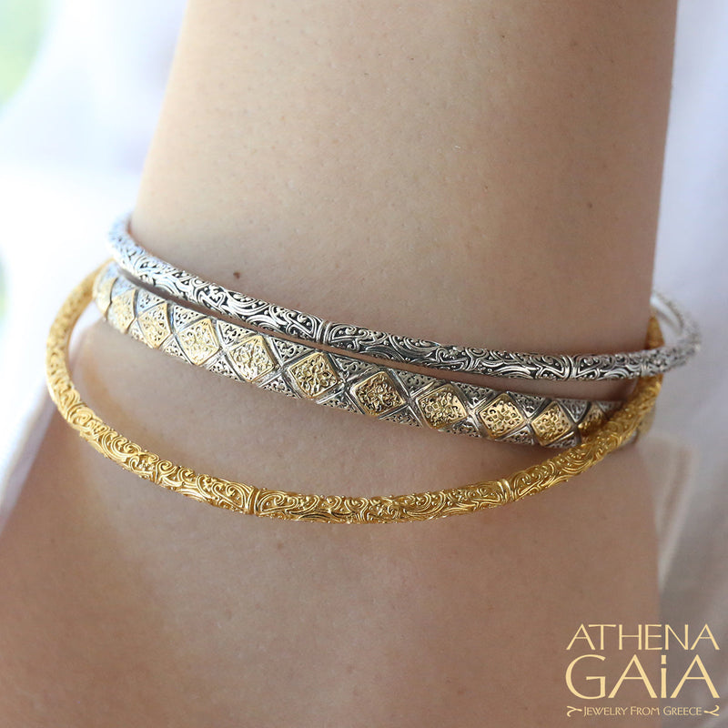 Byzantine Checker Bracelet - 18k Gold and Sterling Silver - Hinged Bangle Bracelet