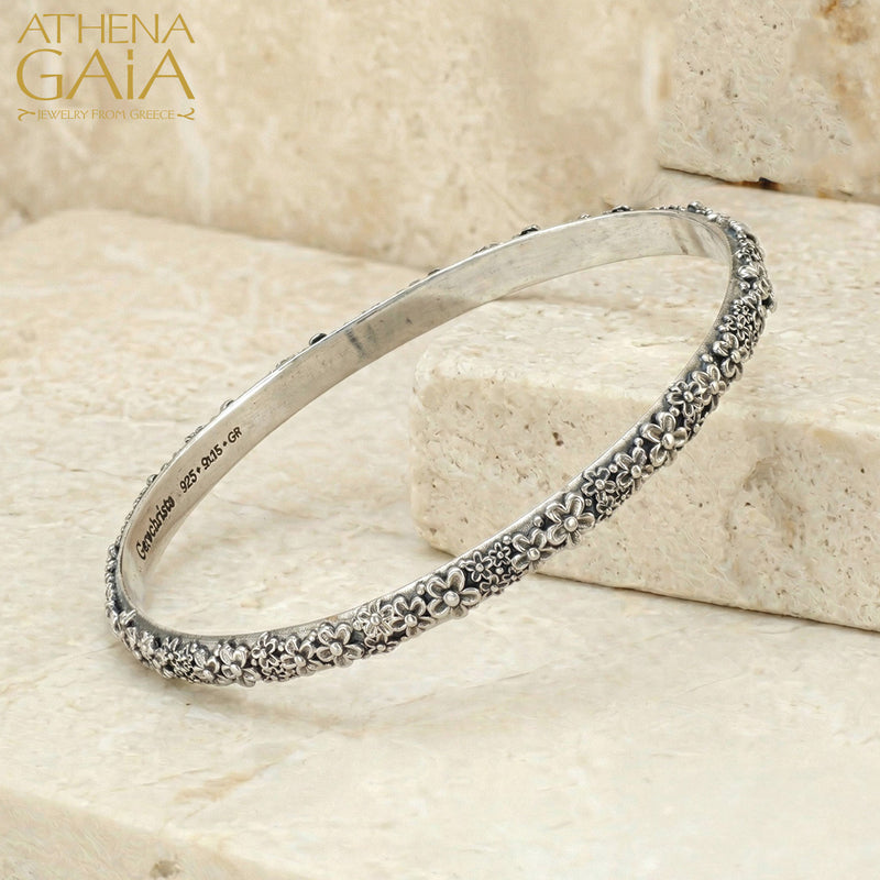 Wild Flowers Thin Bracelet - Sterling Silver - Solid Bangle Bracelet