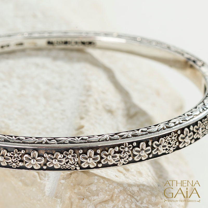 Meadow Breeze Wild Flower Bracelet - Sterling Silver - Hinged Bangle Bracelet