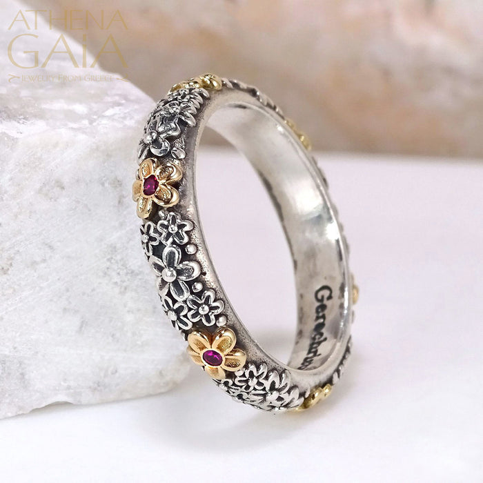 Wild Flowers Stone Band Ring - 18k Gold & Sterling Silver Ring - Stackable Ring (In-Stock)