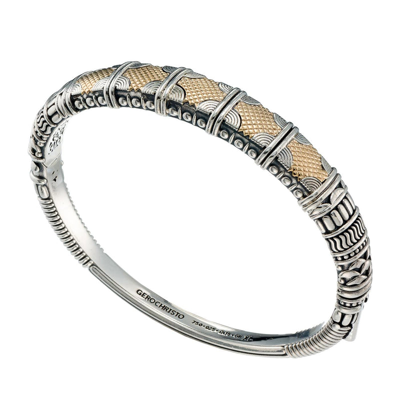 Alexander Golden Woven Crest Bracelet - 18k Gold and Sterling Silver - Hinged Bangle Bracelet