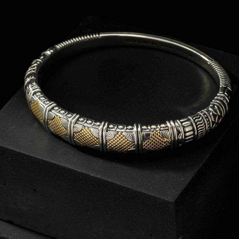 Alexander Golden Woven Crest Bracelet - 18k Gold and Sterling Silver - Hinged Bangle Bracelet