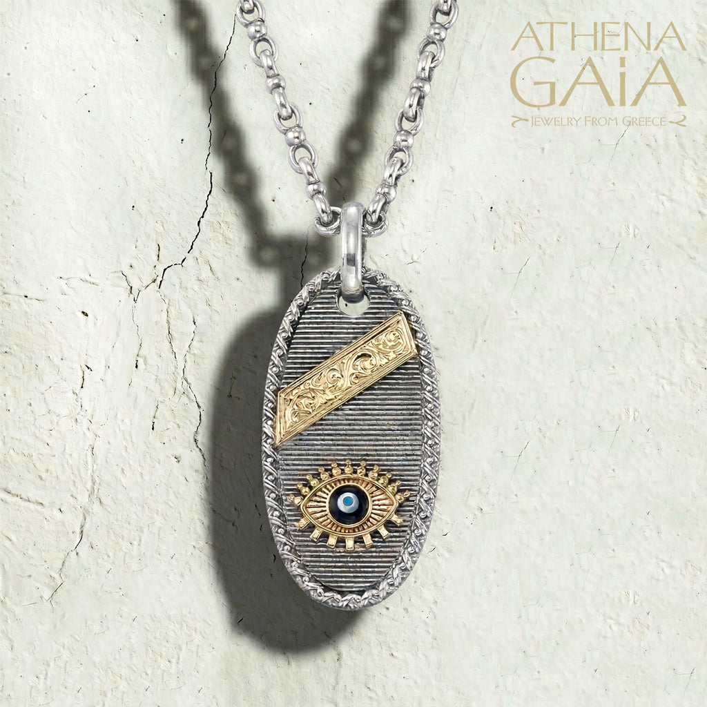 Tablet Evil Eye Pendant - 18k Gold & Sterling Silver - Talisman