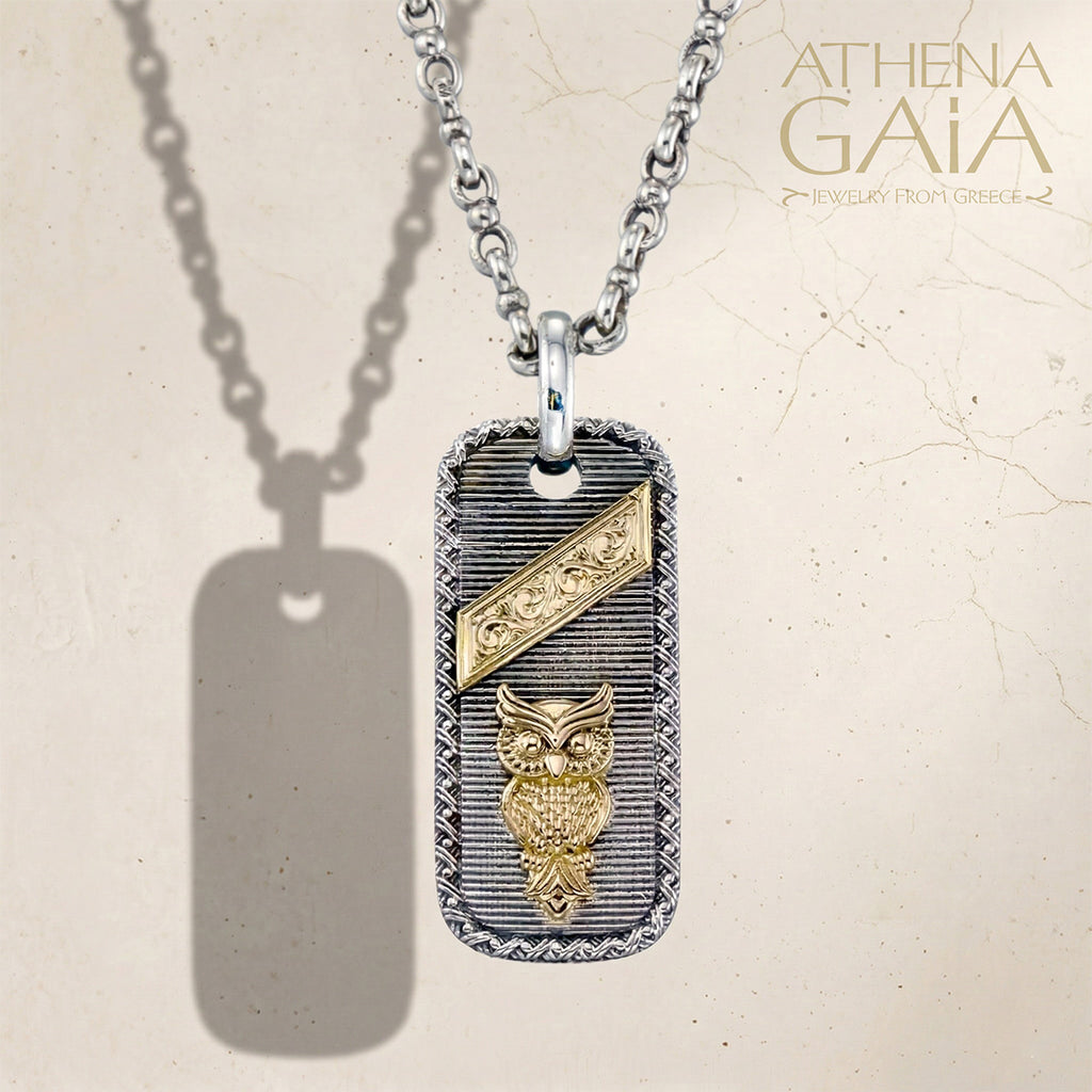 Tablet Owl Pendant - 18k Gold & Sterling Silver - Talisman