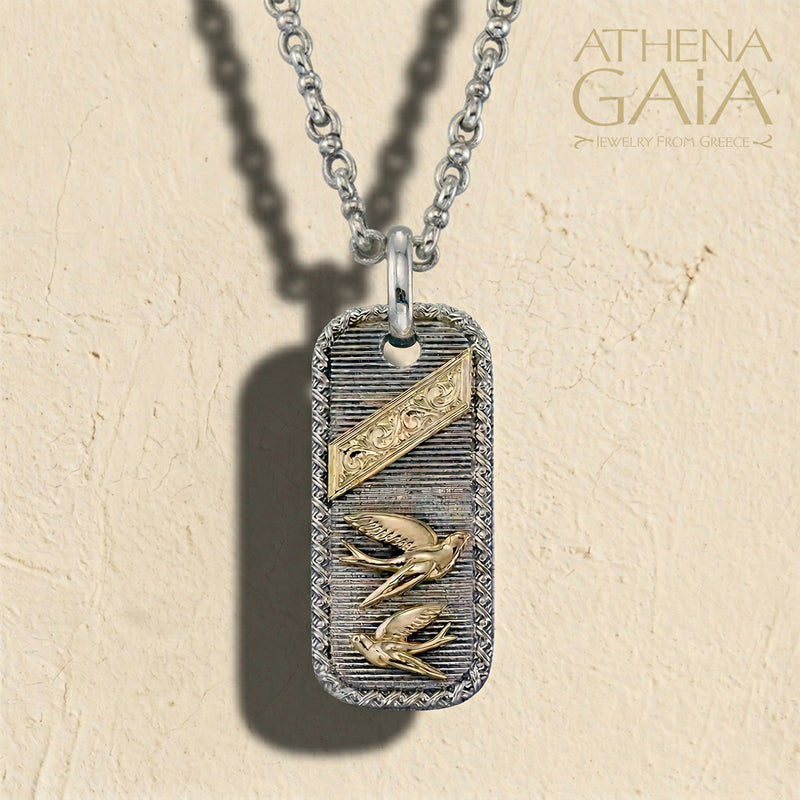 Tablet Swallows Pendant - 18k Gold & Sterling Silver - Talisman