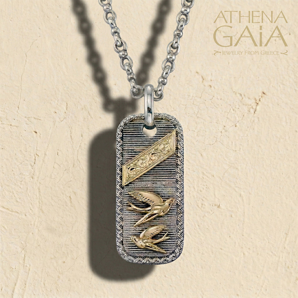 Tablet Swallows Pendant - 18k Gold & Sterling Silver - Talisman