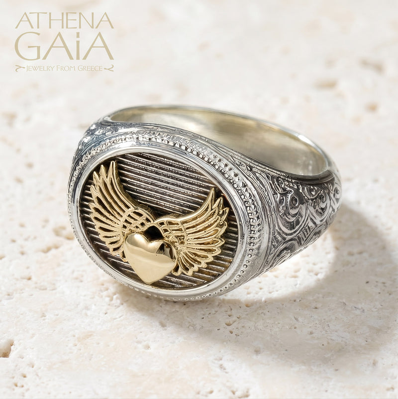 Golden Winged Heart Oval Ring - 18k Gold & Sterling Silver - Signet Ring
