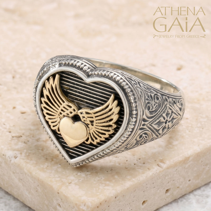 Golden Winged Heart Ring - 18k Gold & Sterling Silver - Signet Ring