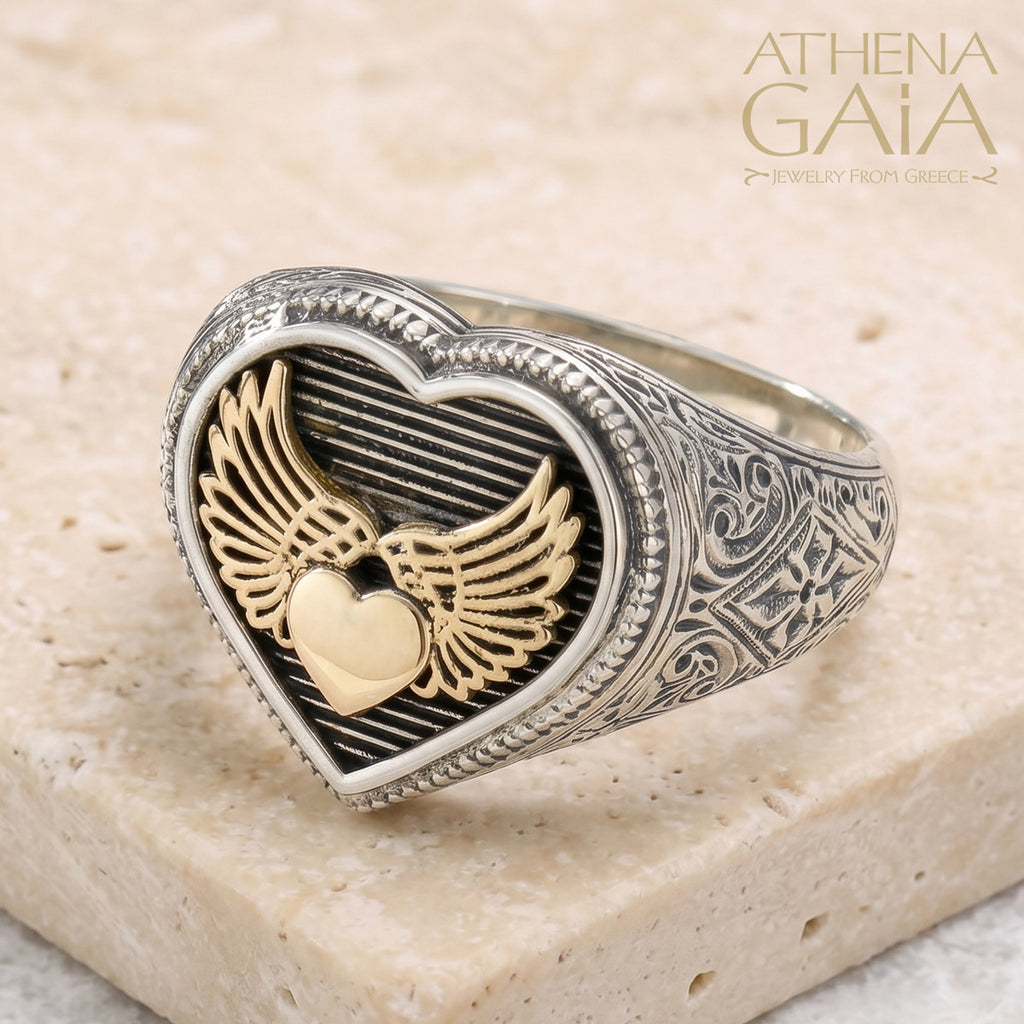 Golden Winged Heart Ring - 18k Gold & Sterling Silver - Signet Ring