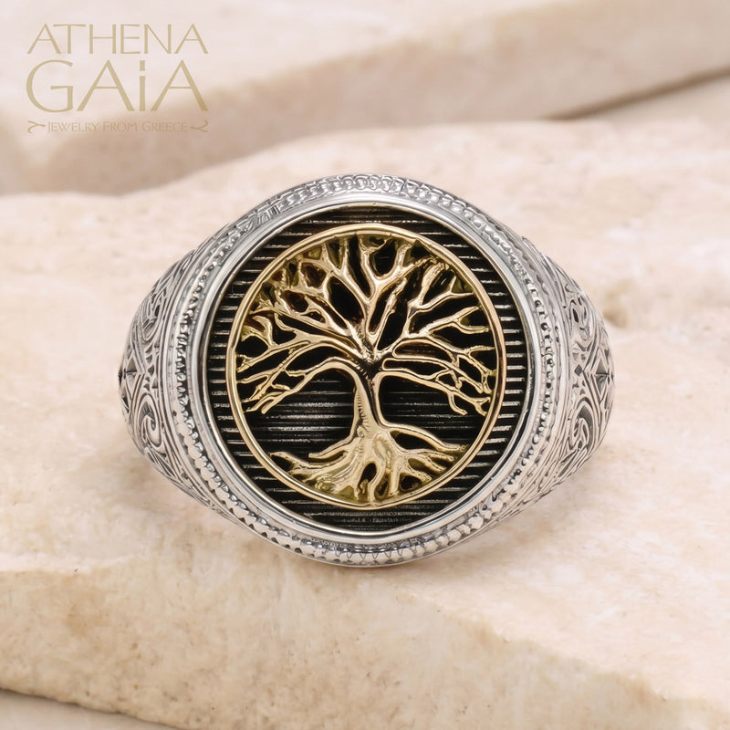 Golden Tree of Life Talisman Ring - 18k Gold & Sterling Silver - Signet Ring