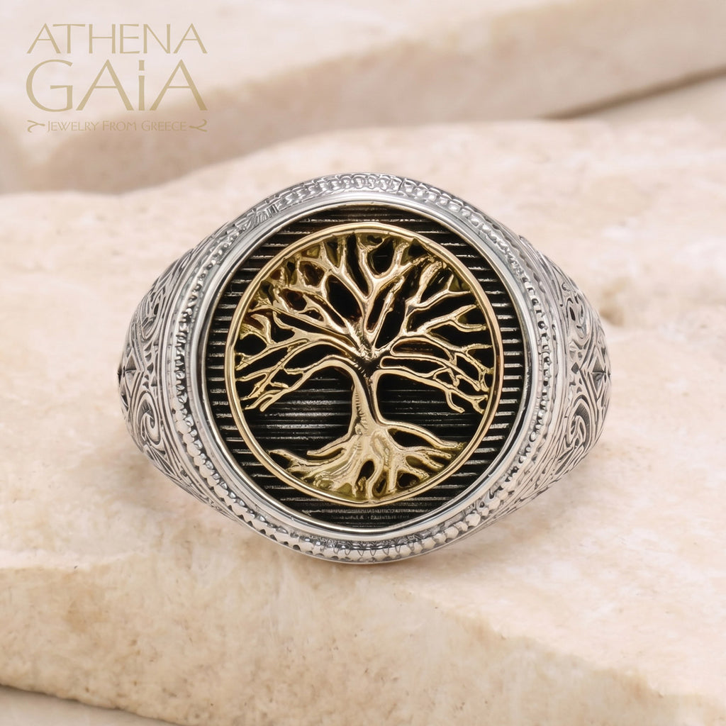 Golden Tree of Life Talisman Ring - 18k Gold & Sterling Silver - Signet Ring