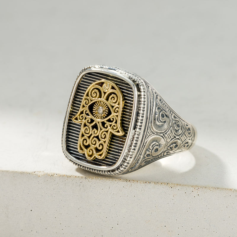 Hamsa Ring - 18k Gold & Sterling Silver Ring - Signet Ring