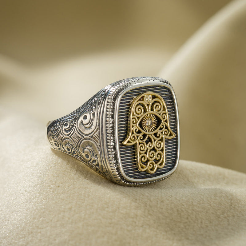 Hamsa Ring - 18k Gold & Sterling Silver Ring - Signet Ring
