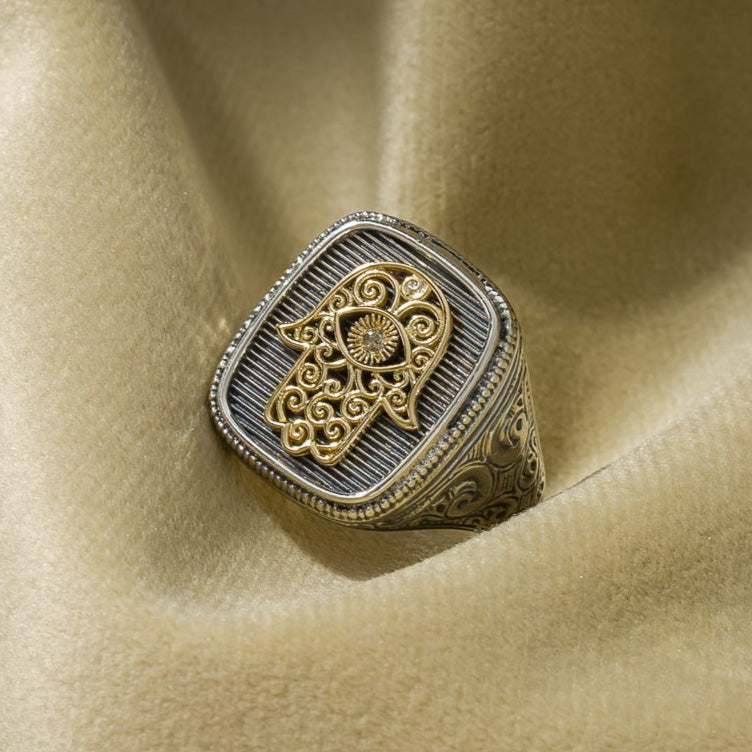 Hamsa Ring - 18k Gold & Sterling Silver Ring - Signet Ring