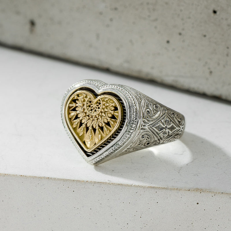 Heart Dream Catcher Ring - 18k Gold & Sterling Silver Ring - Signet Ring