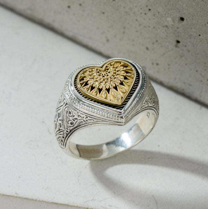 Heart Dream Catcher Ring - 18k Gold & Sterling Silver Ring - Signet Ring