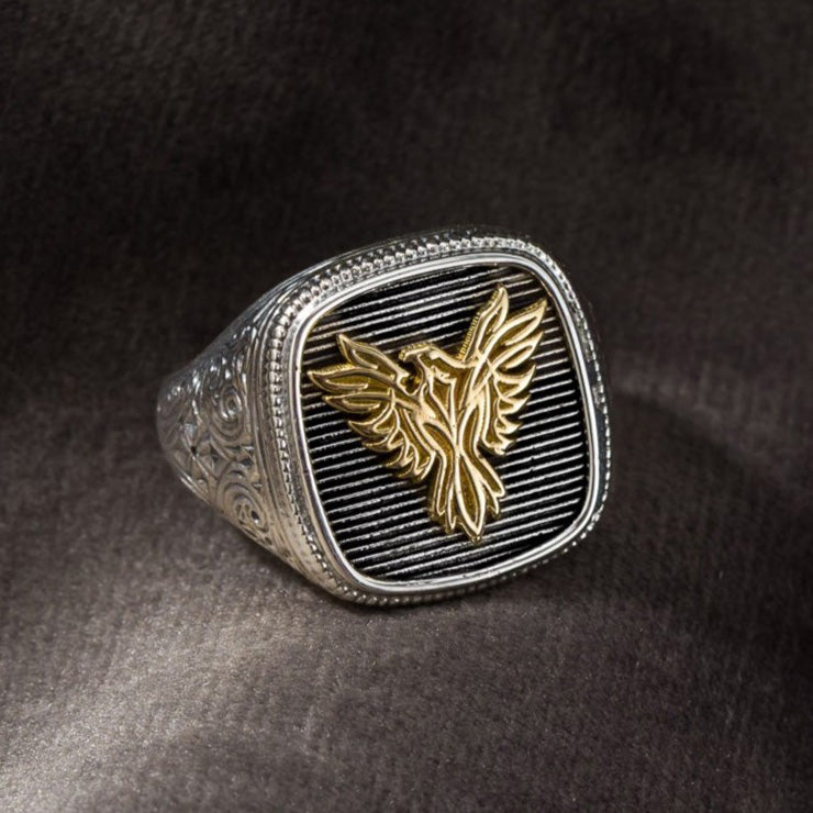 Phoenix Ring - 18k Gold & Sterling Silver Ring - Signet Ring