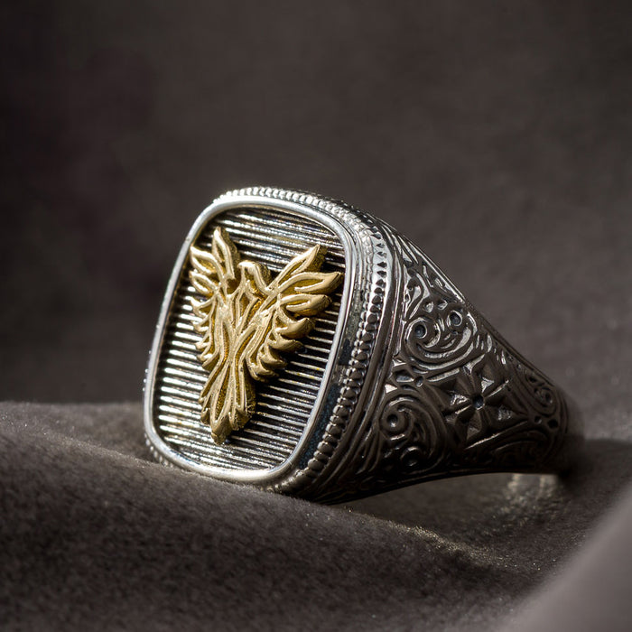 Phoenix Ring - 18k Gold & Sterling Silver Ring - Signet Ring