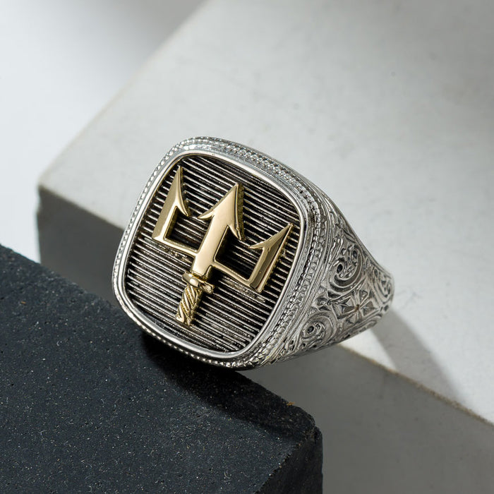Poseidon’s Trident Ring  - 18k Gold & Sterling Silver Ring - Signet Ring