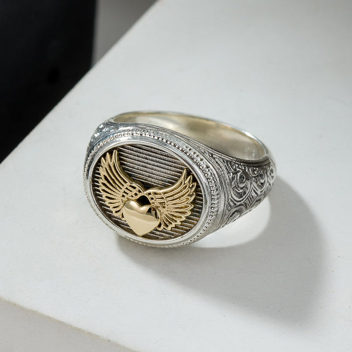 Winged Heart Signet Ring - 18k Gold & Sterling Silver Ring