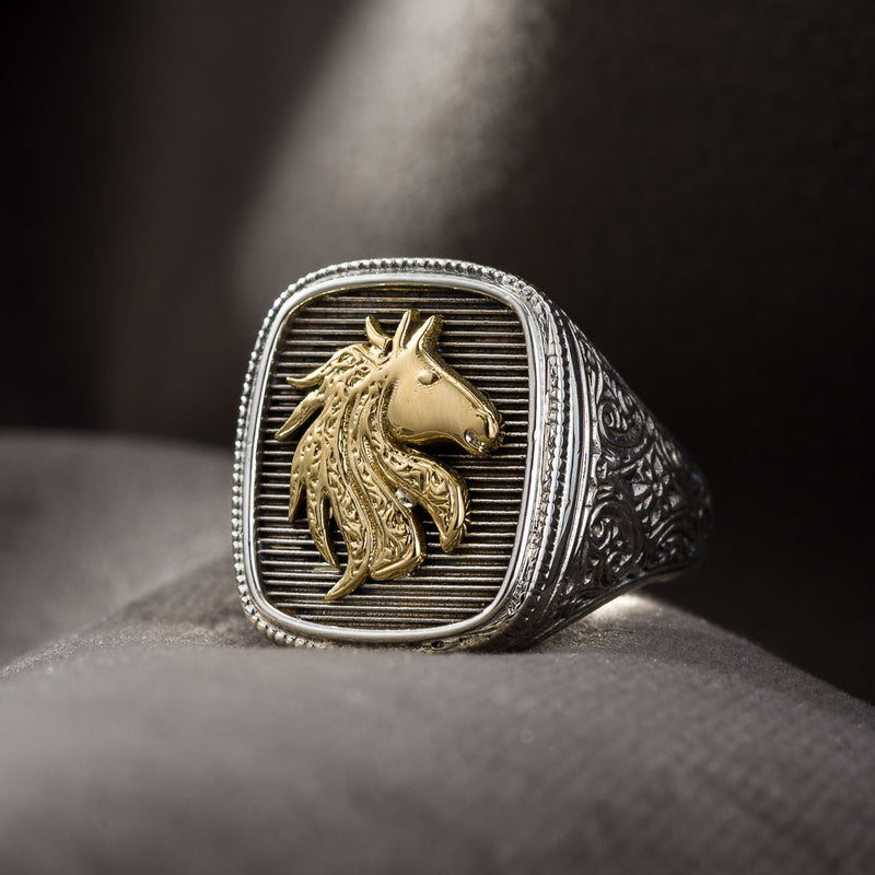 The Horse Ring - 18k Gold & Sterling Silver Ring - Signet Ring
