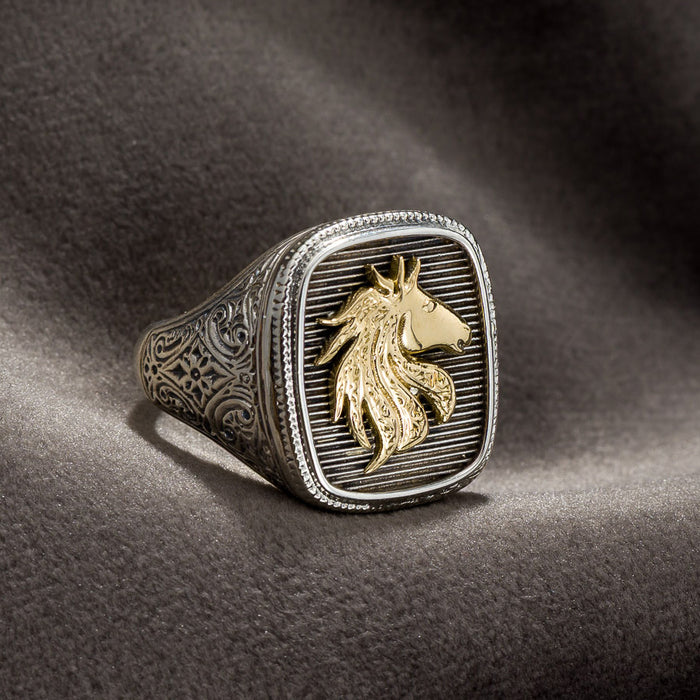 The Horse Ring - 18k Gold & Sterling Silver Ring - Signet Ring