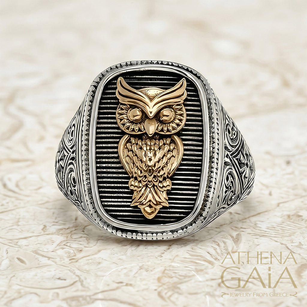 Owl Talisman Wide Band Ring - 18k Gold & Sterling Silver - Signet Ring