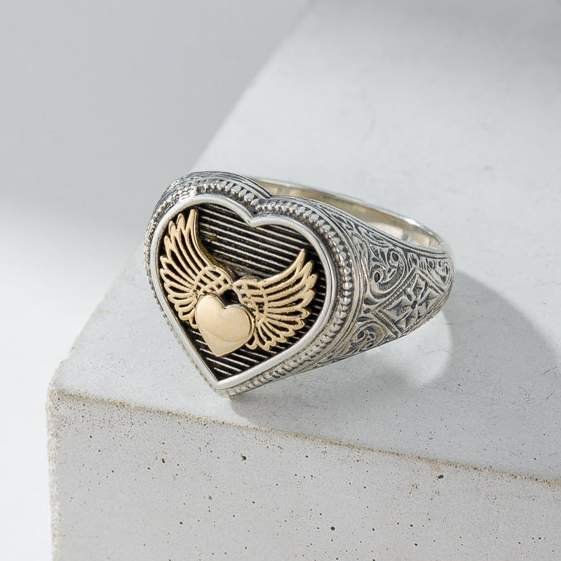 Winged Heart Ring - 18k Gold & Sterling Silver Ring - Signet Ring
