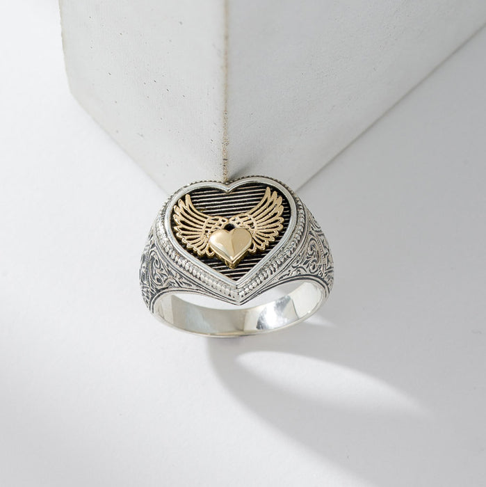 Winged Heart Ring - 18k Gold & Sterling Silver Ring - Signet Ring