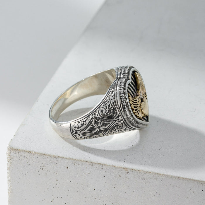 Winged Heart Ring - 18k Gold & Sterling Silver Ring - Signet Ring