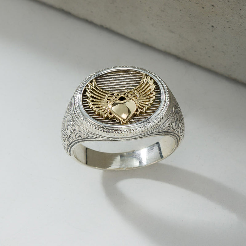 Winged Heart Signet Ring - 18k Gold & Sterling Silver Ring