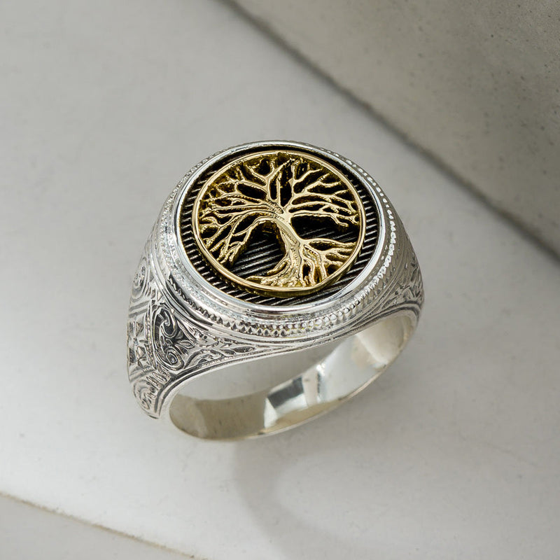 Golden Tree of Life Ring - 18k Gold & Sterling Silver Ring - Signet Ring