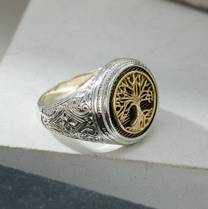 Tree of Life Ring - 18k Gold & Sterling Silver Ring - Signet Ring