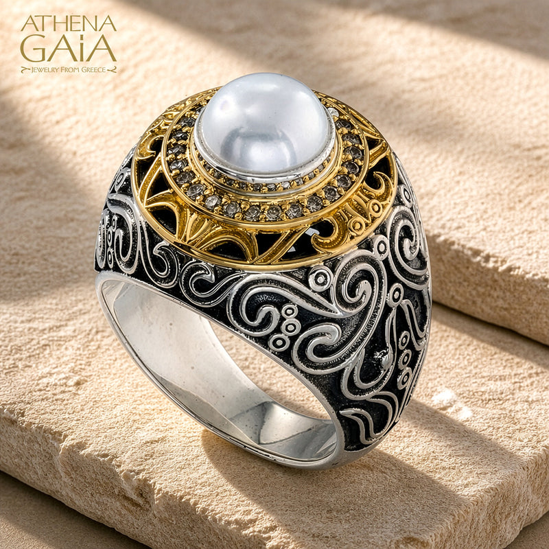 Kosmos Filigree Pearl Ring - 18k Gold & Sterling Silver - Cocktail Ring