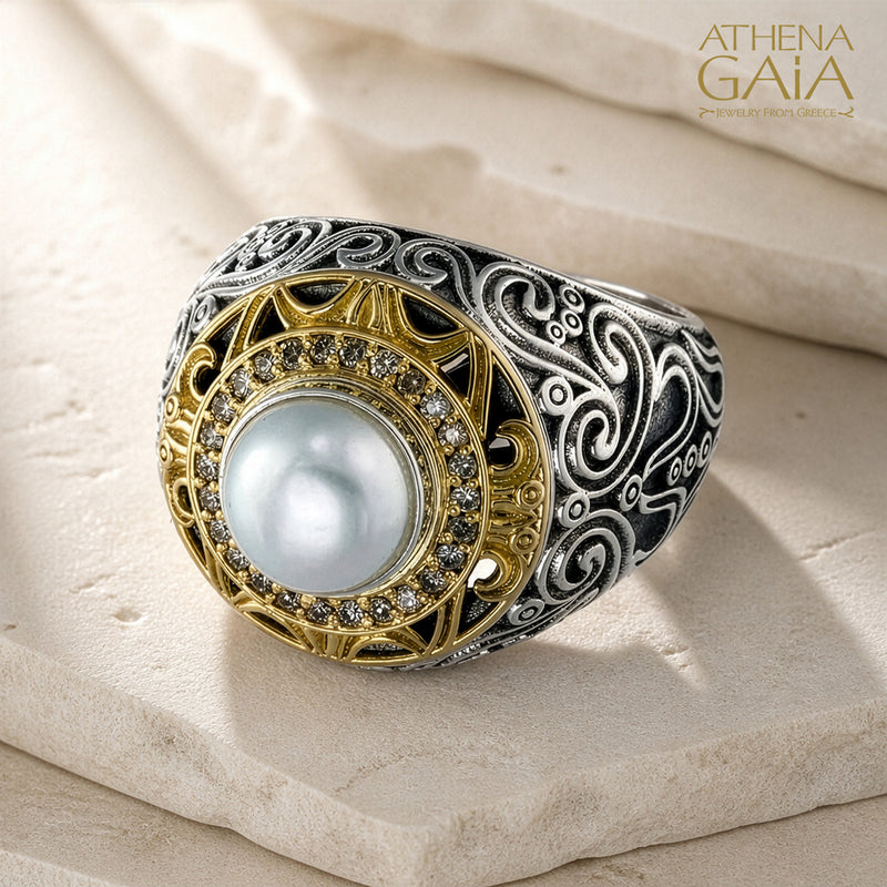 Kosmos Filigree Pearl Ring - 18k Gold & Sterling Silver - Cocktail Ring