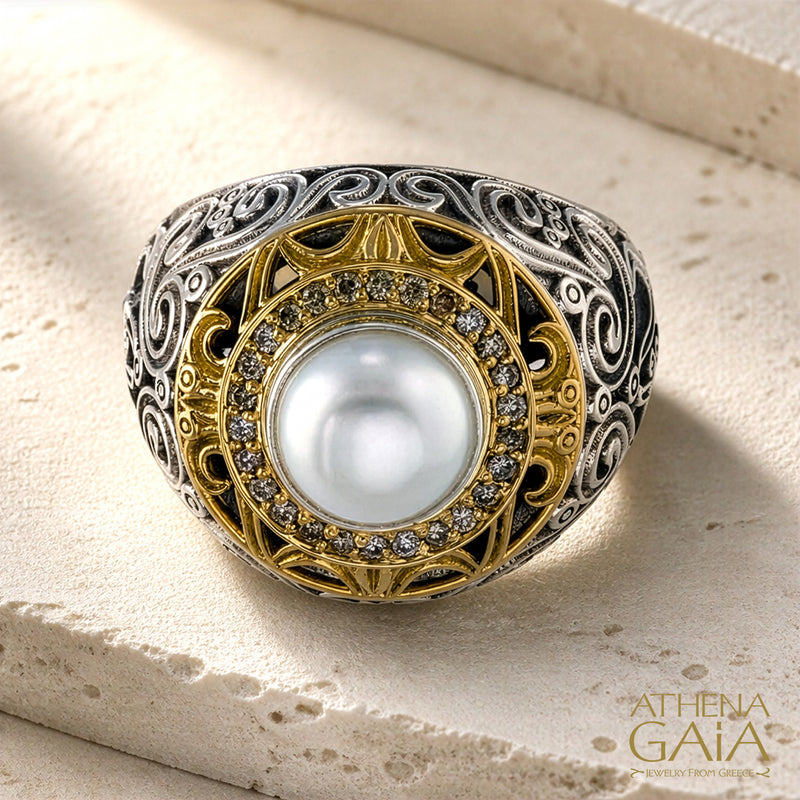 Kosmos Filigree Pearl Ring - 18k Gold & Sterling Silver - Cocktail Ring