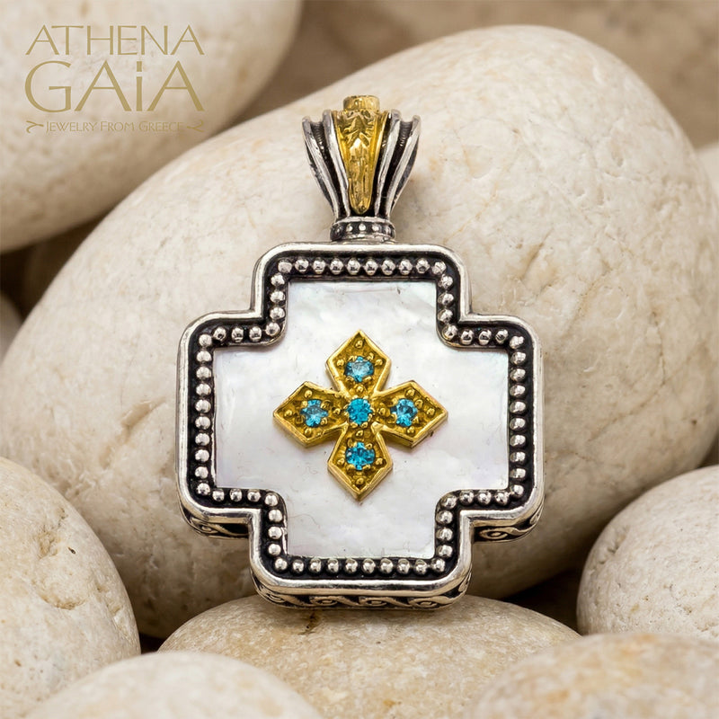 Mother of Pearl Squared Greek Cross - 18k Gold & Sterling Silver - Orthodox Cross