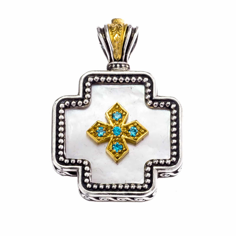 Mother of Pearl Squared Greek Cross - 18k Gold & Sterling Silver - Orthodox Cross